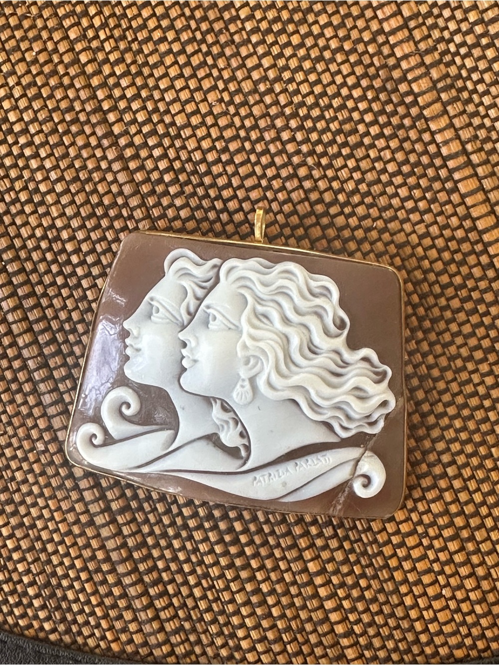 Brown and White Cameo Pendant and pin
